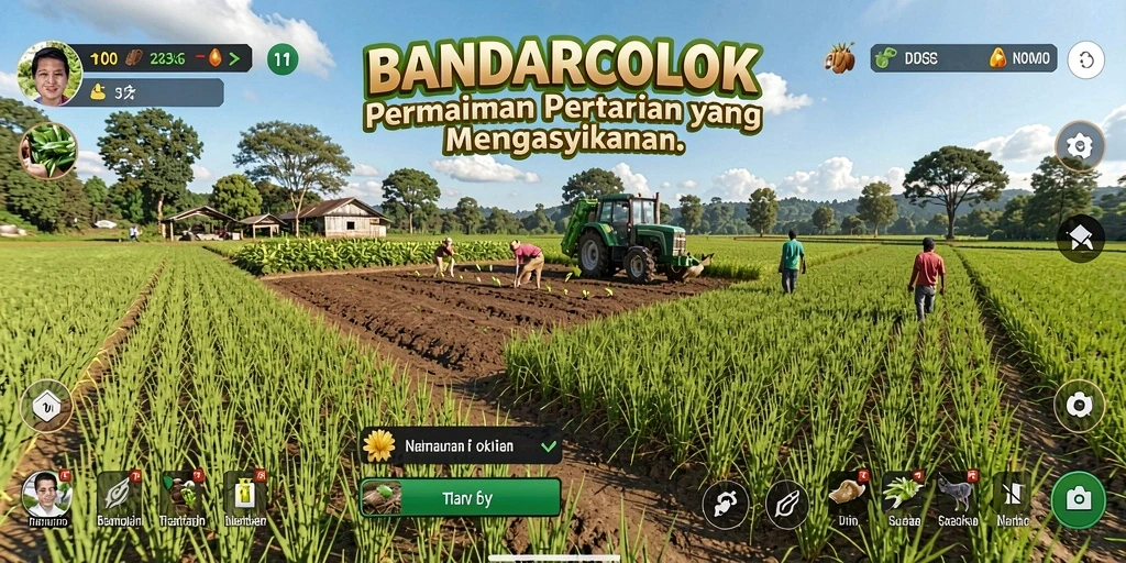 Tampilan gameplay menarik dari BANDARCOLOK dengan suasana pertanian yang cerah.