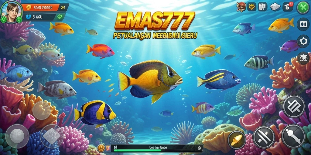 Tampilan gameplay seru di EMAS777 saat menembak ikan.