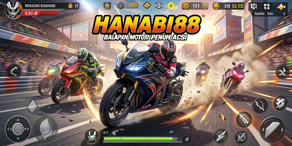 Screenshot gameplay HANABI88 yang menampilkan balapan motor yang mendebarkan.
