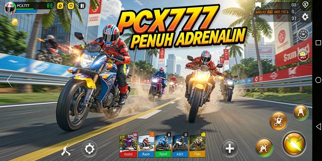 Screenshot gameplay PCX777 menampilkan aksi balapan motor yang intens.