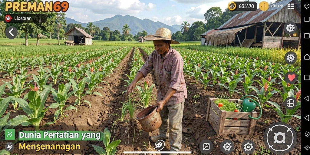 Tangkapan layar gameplay <strong>PREMAN69</strong> menunjukkan suasana pertanian yang hidup dan dinamis.