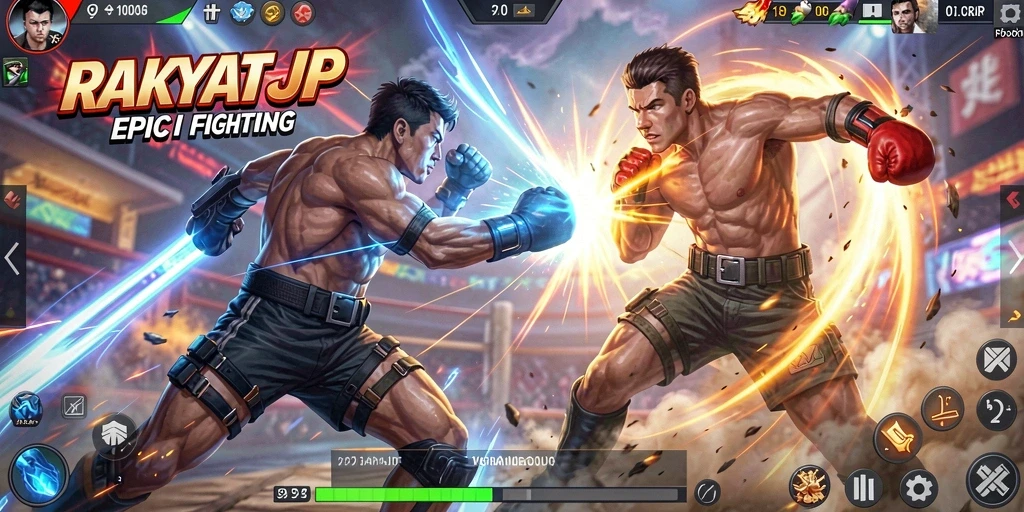 Tampilan seru pertarungan dalam RAKYATJP dengan karakter yang dinamis.