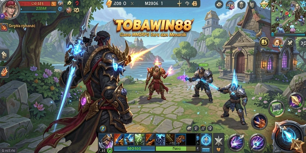 Screenshot gameplay TOBAWIN88 yang menunjukkan pertarungan seru di dunia MMORPG.